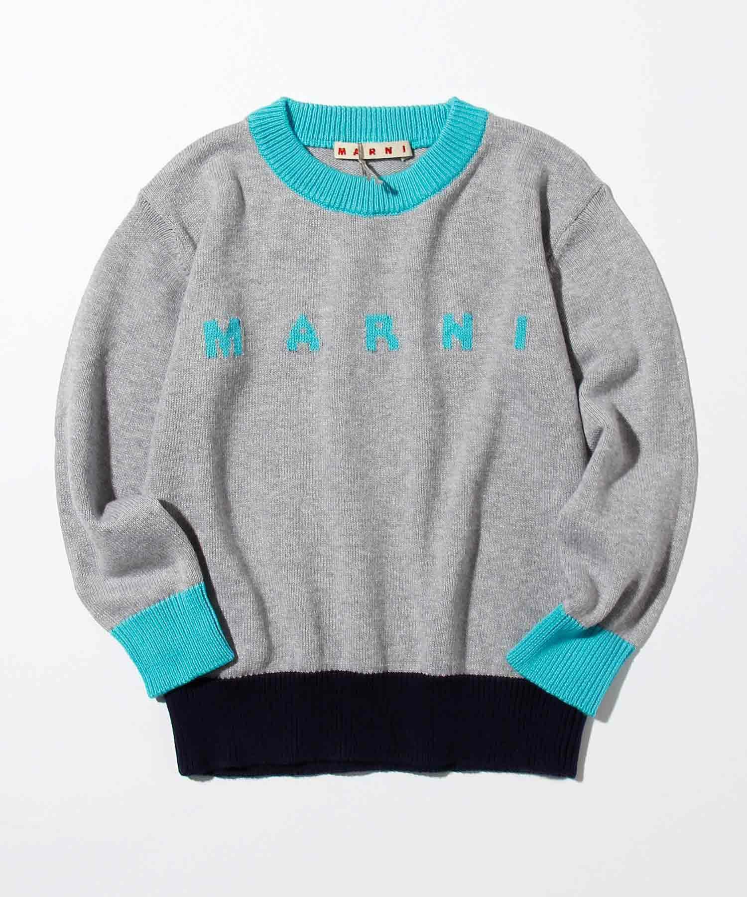 人気☆MARNI kidsロゴ セーター グレー×ネイビー12Y 150㎝☆希少 MARNI（マルニ） ニット セーター 入学式 Kids ＆ Junior カシミア