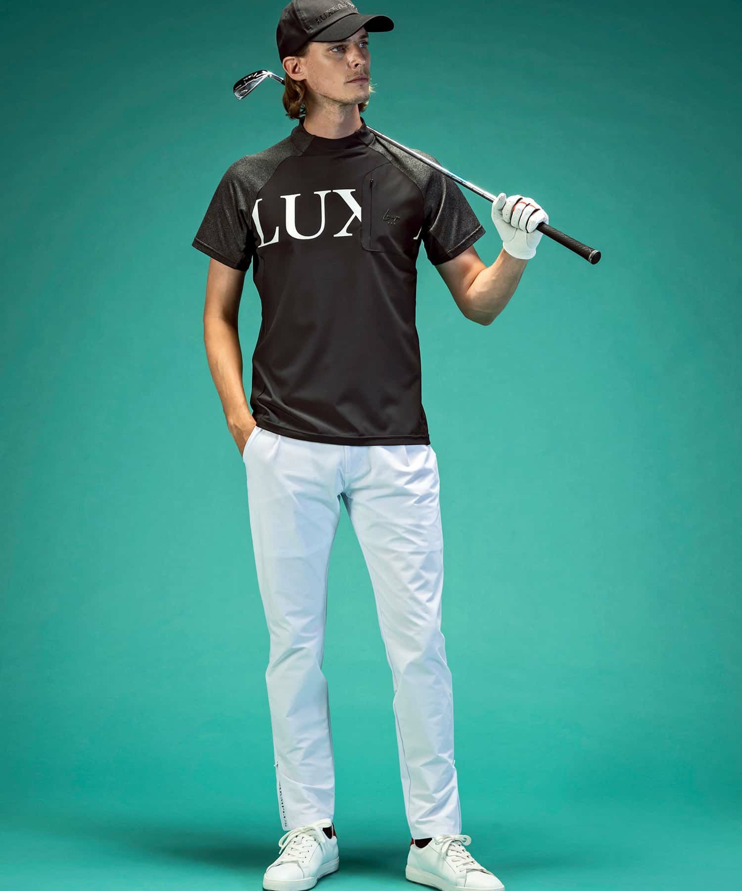 リュクスエイケイエム ゴルフ 半袖 モックネックニット ウェア 定1.3万 M LUXEAKMPLUS(リュクスエイケイエムプラス)ゴルフ 配色ロゴ半袖モック