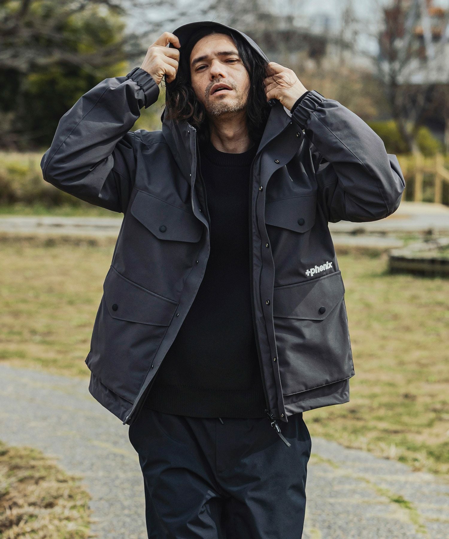 ブラック ジッパー付き ジャケット Nylon Zip Up Jacket(Black) - H-L