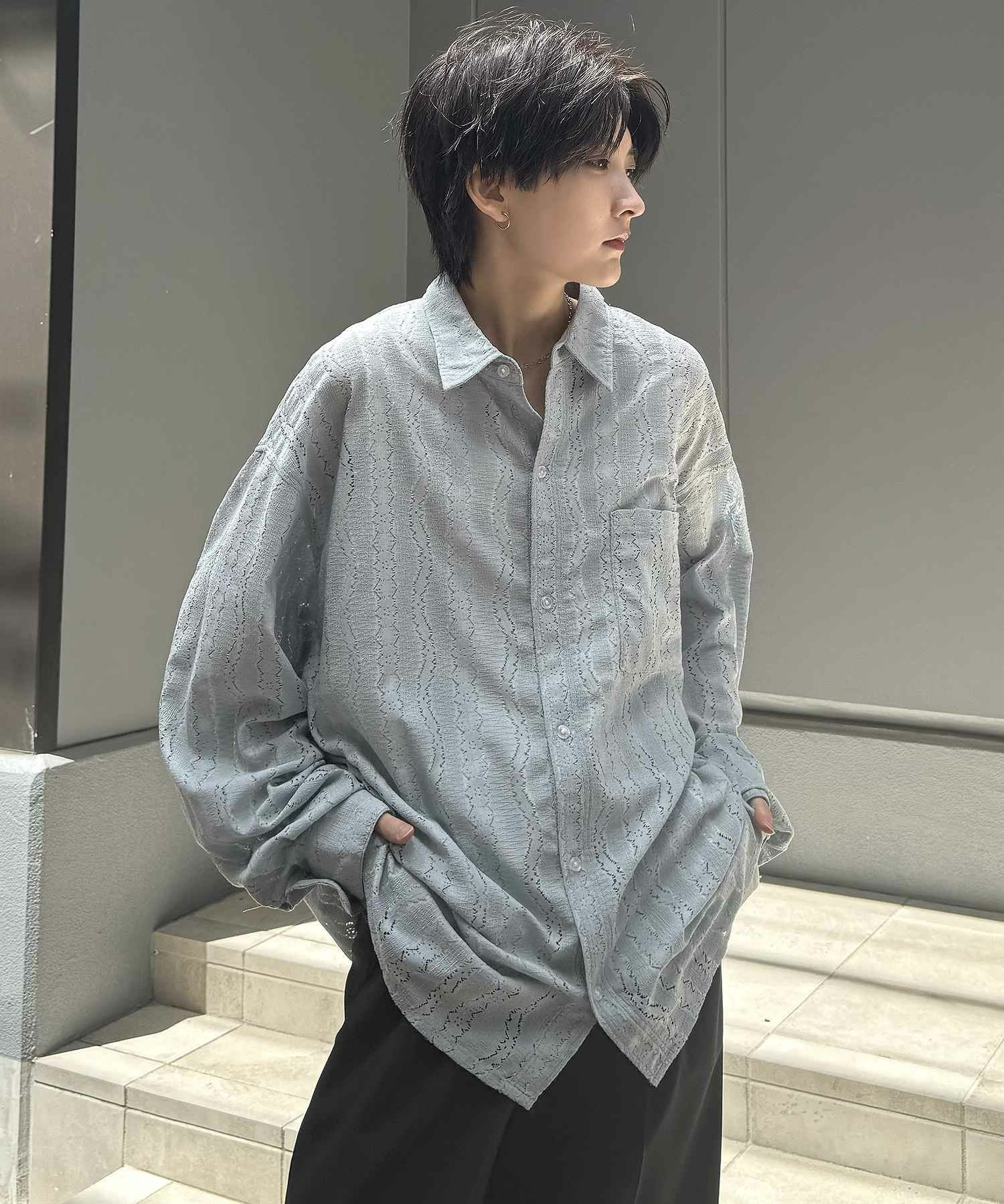 こまこ(^^)様ブルーシャツ明日発送 Confirm（コンファーム）ルーズシルエット デザインシアーシャツ 長袖