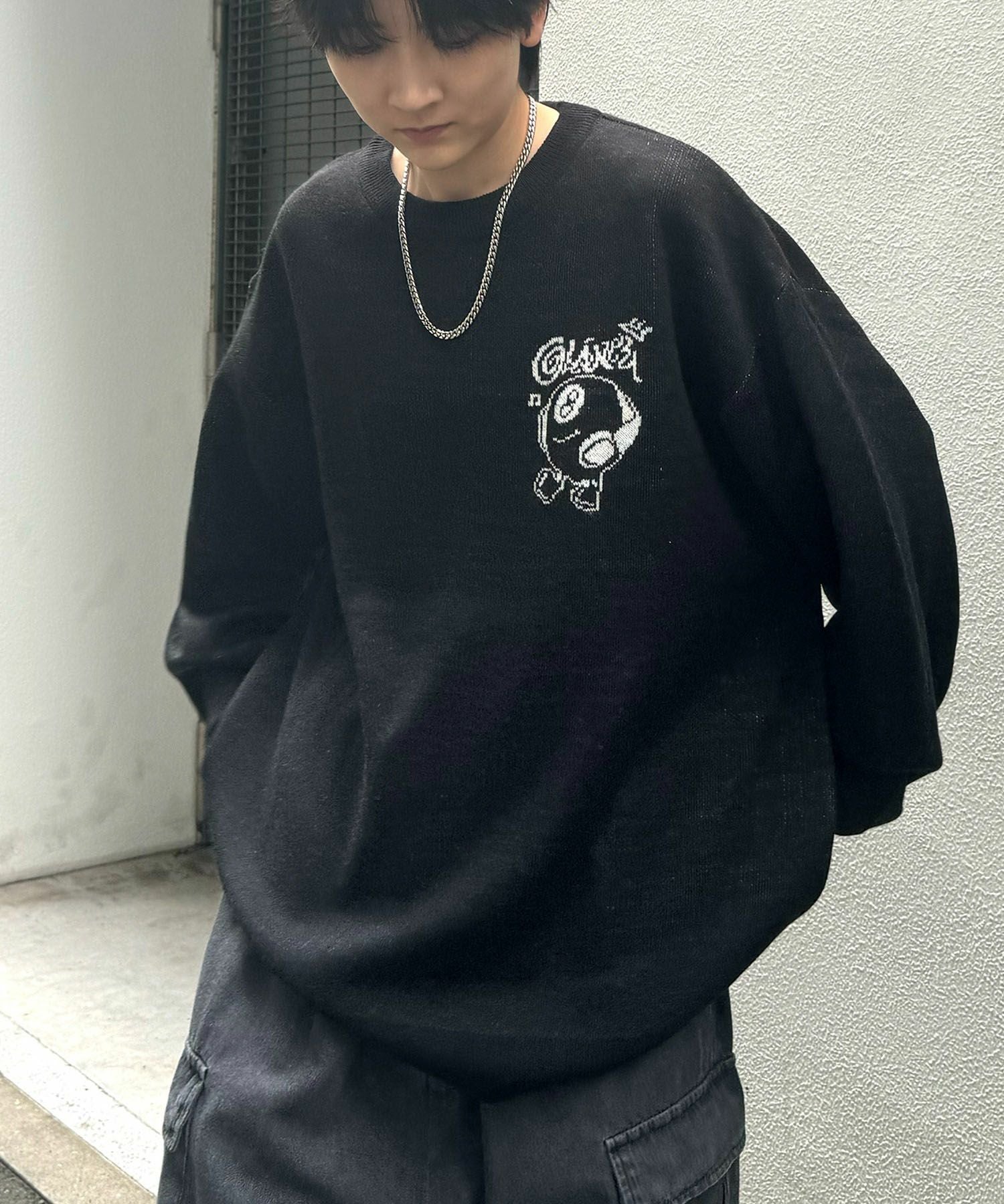 from 凛として時雨★from ジャガード ニット★長袖★スエット★F★黒 ILL'S（イルズ）8ボール&ゴースト ビッグシルエット ジャガードニット