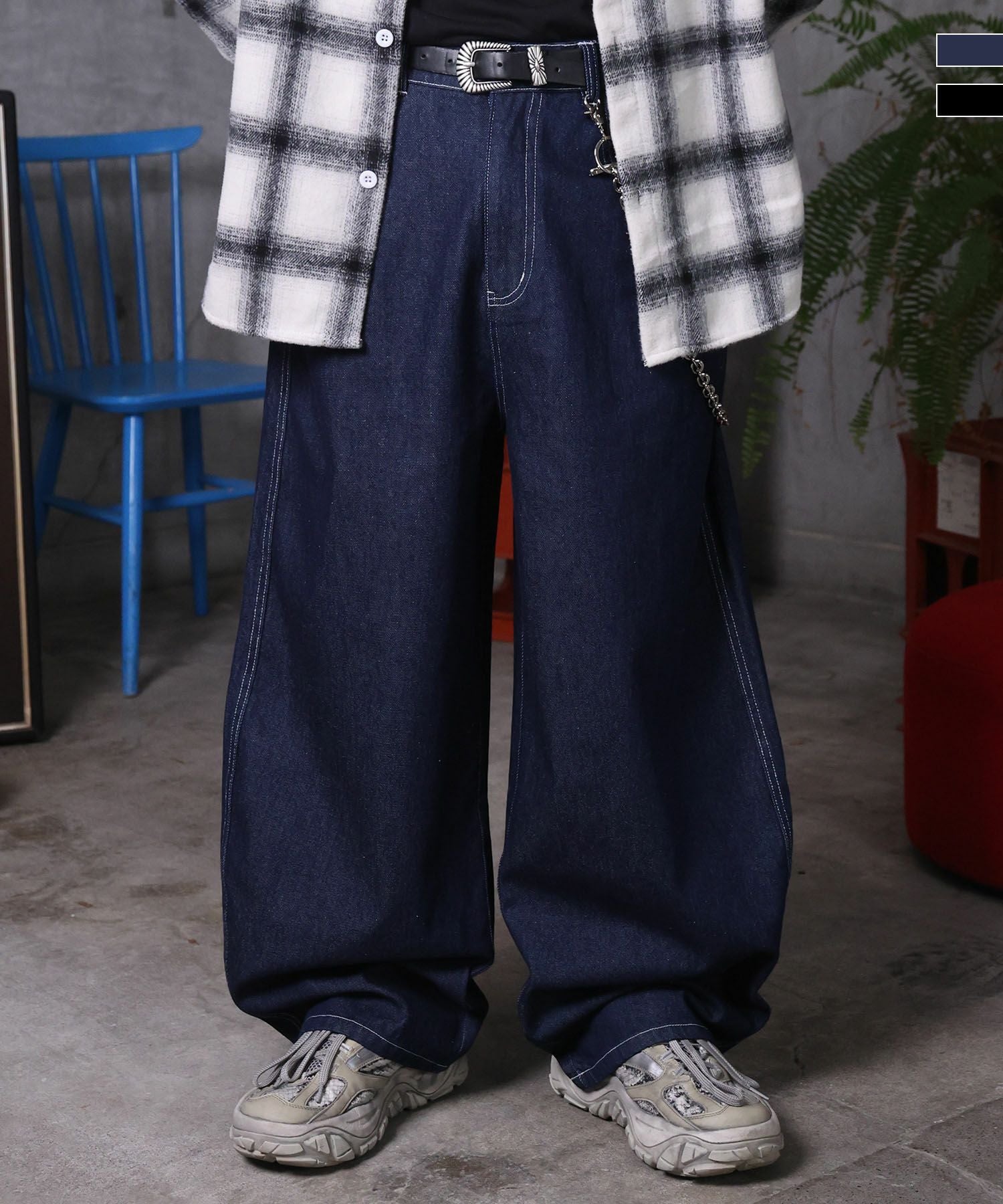 00s Evisu ストライプ シャイニーデニム バレルレッグ 立体 Tech バレルレッグデニム - YEVS