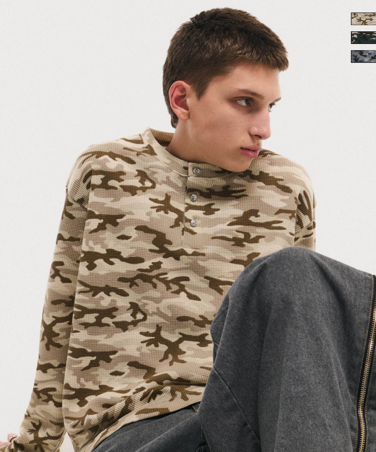 ILL'S(イルズ)HENLEY CAMO WAFFLE LONG-SLEEVE TEE / カモ総柄ヘンリー